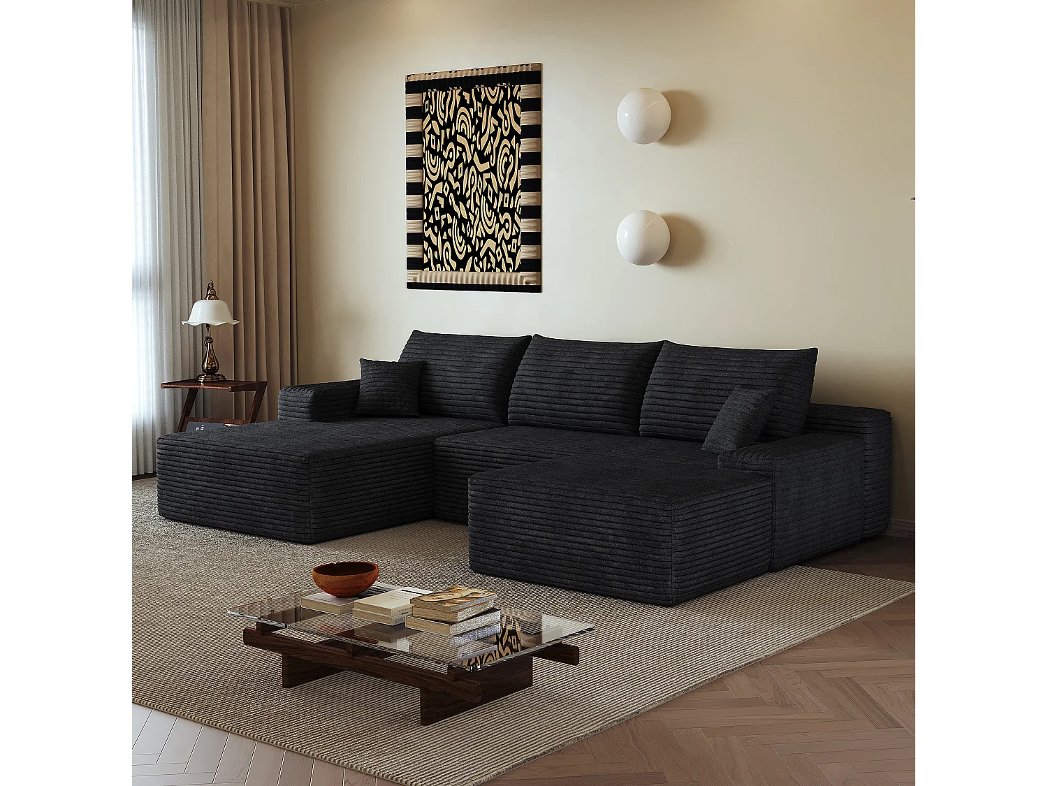 Canapé modulable 3 places 270 cm avec méridienne à gauche et pouf - Noir