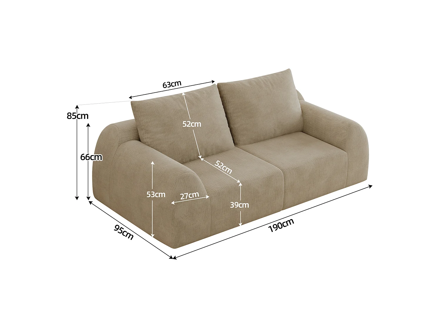 Canapé modulable 2 places en chenille - Sans montage - Kaki