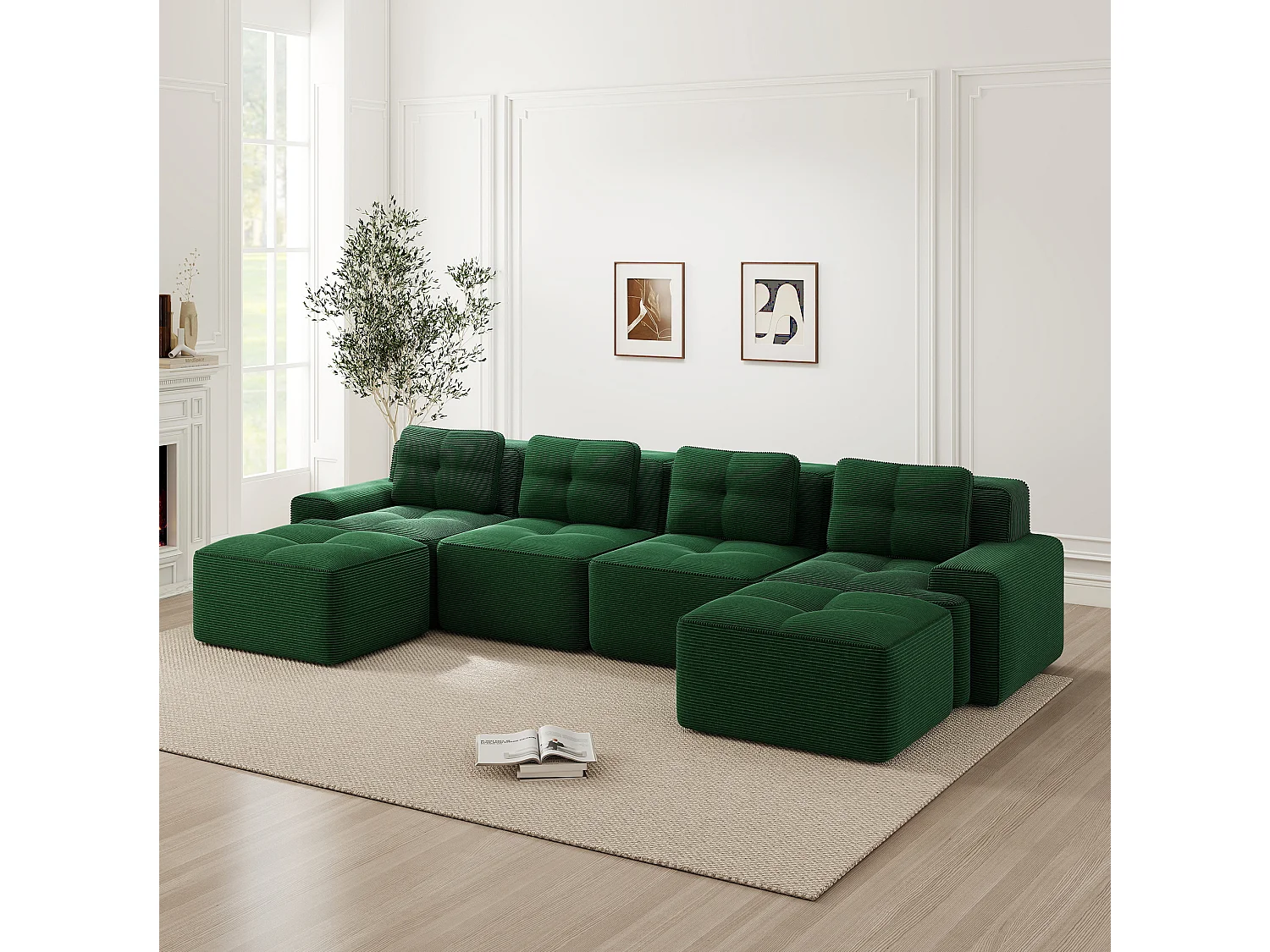 Sofá modular de 4 plazas, 382 cm, de pana con 2 otomanas - Verde