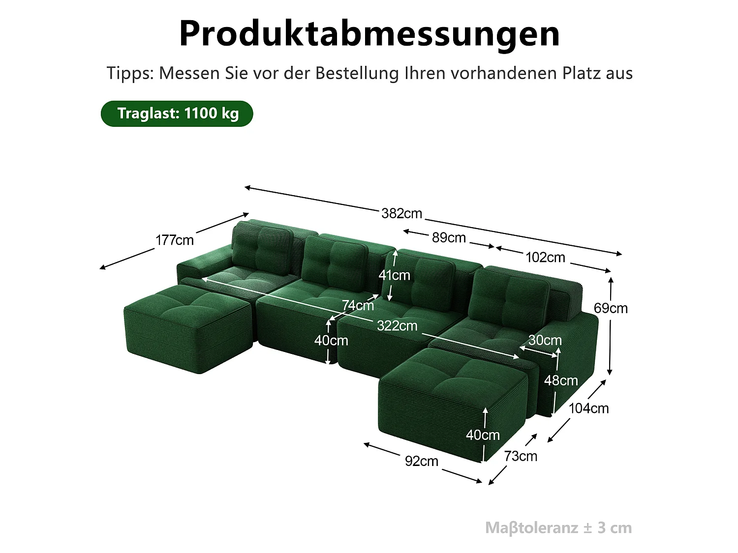 Sofá modular de 4 plazas, 382 cm, de pana con 2 otomanas - Verde