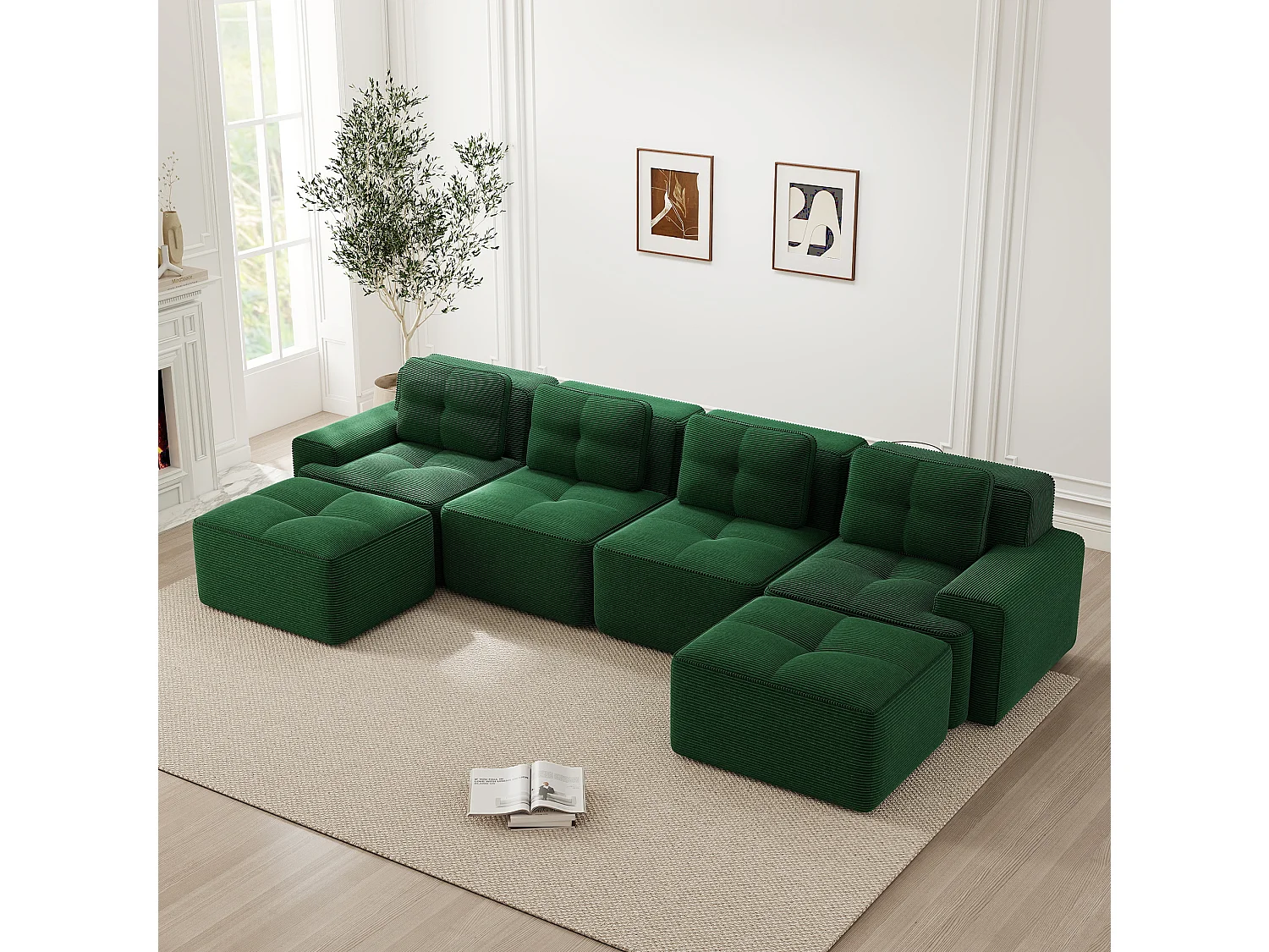 Sofá modular de 4 plazas, 382 cm, de pana con 2 otomanas - Verde