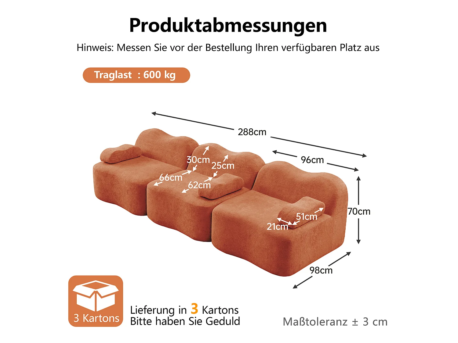 Modulaire 3-zitsbank van fluweel met afneembare armleuningen - Oranje