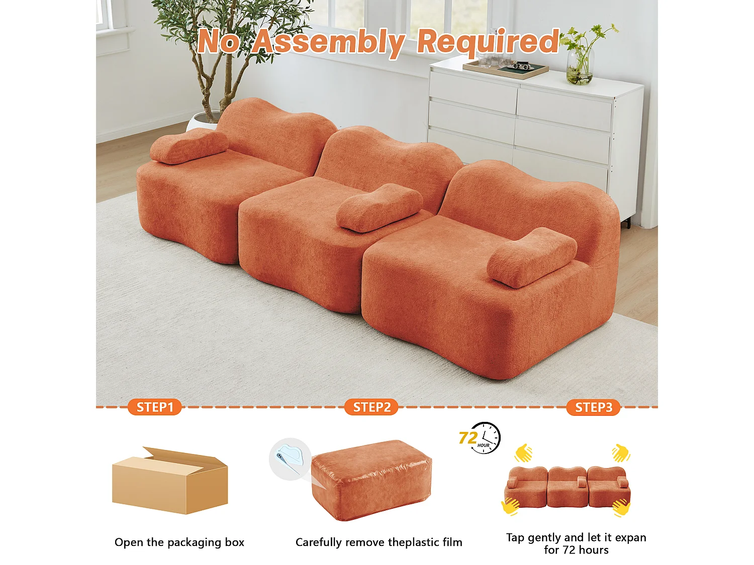 Modulaire 3-zitsbank van fluweel met afneembare armleuningen - Oranje