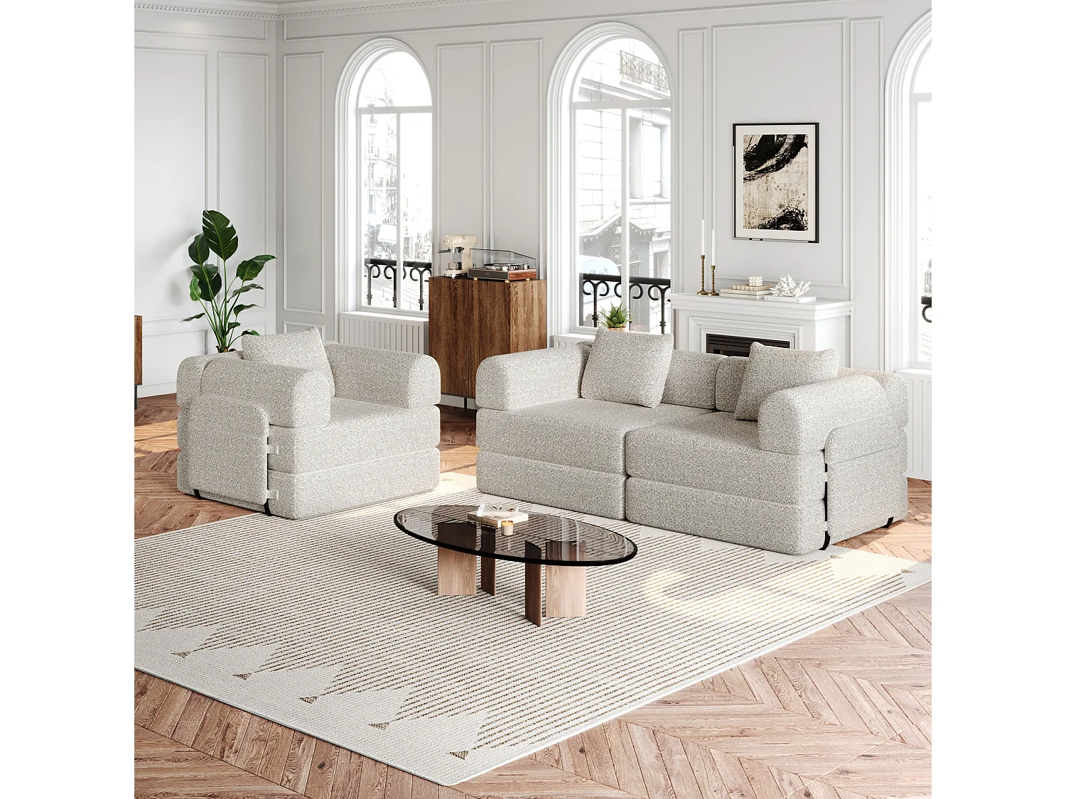 Sofá cama modular de 3 plazas de chenilla con almacenamiento - Caqui