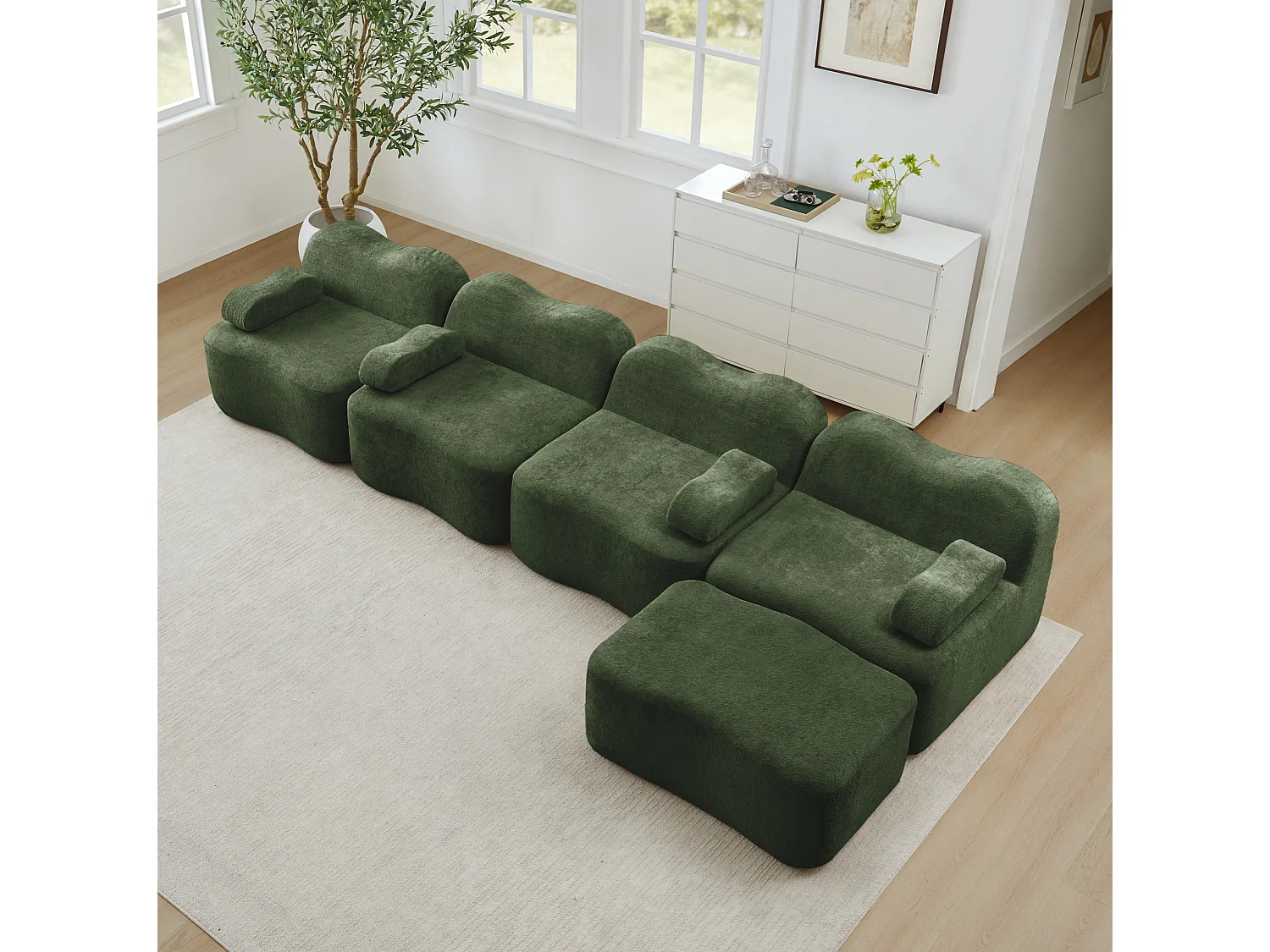 Sofá modular de 4 plazas, 384 cm, en terciopelo con otomana - Verde