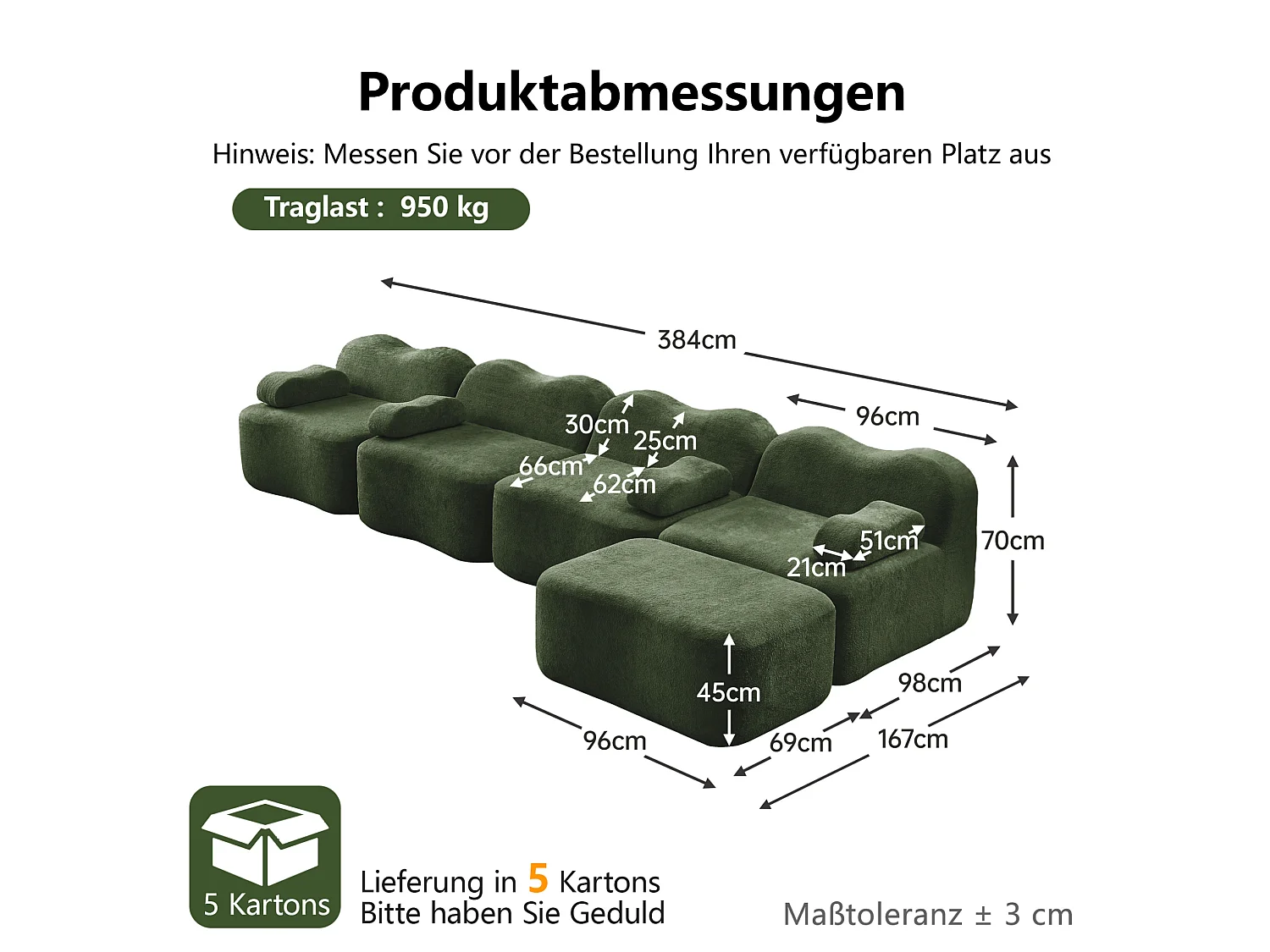 Sofá modular de 4 plazas, 384 cm, en terciopelo con otomana - Verde