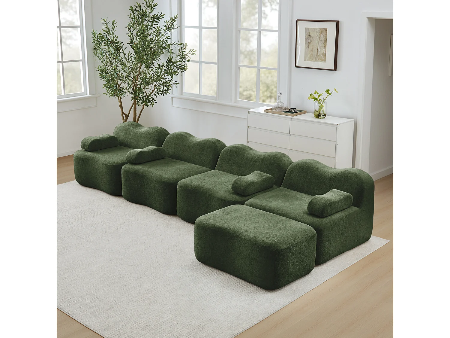Sofá modular de 4 plazas, 384 cm, en terciopelo con otomana - Verde