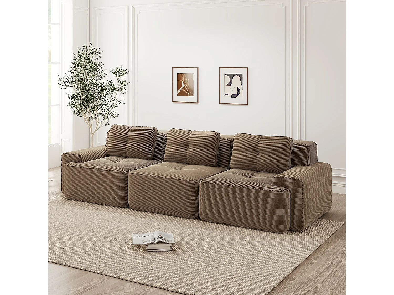 Canapé modulable 3 places avec 3 coussins et assise profonde 74 cm - Marron