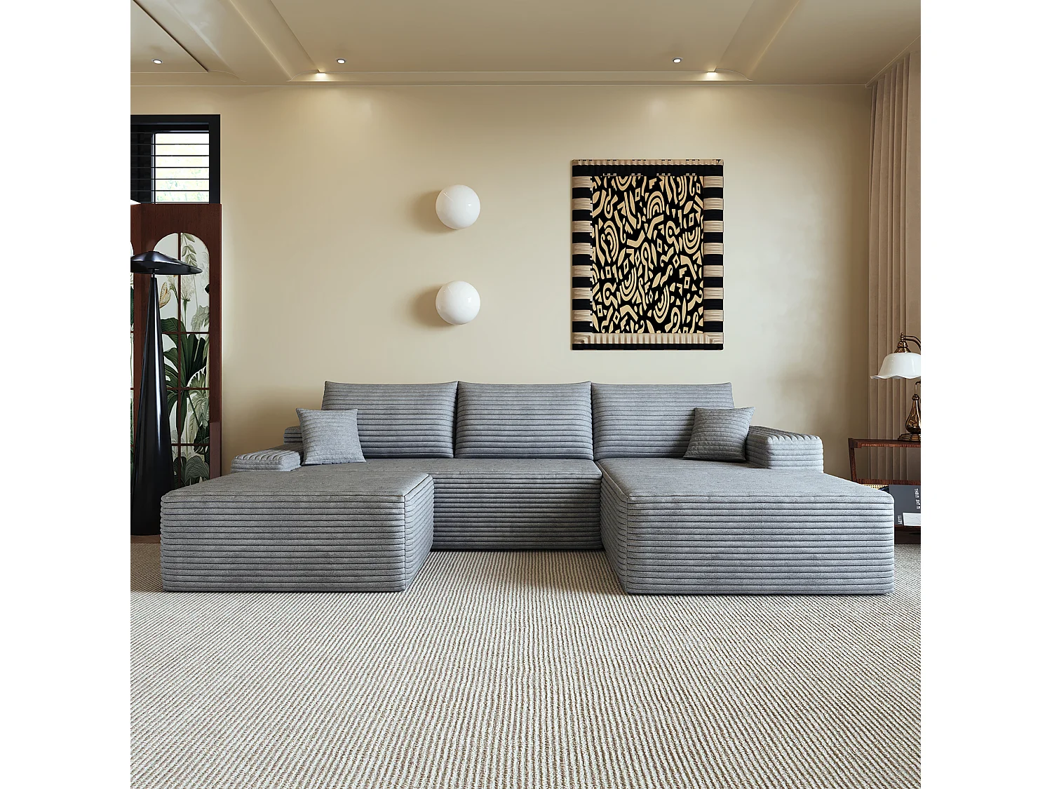 Canapé d'angle modulable 3 places 270 cm en velours côtelé avec pouf - Gris