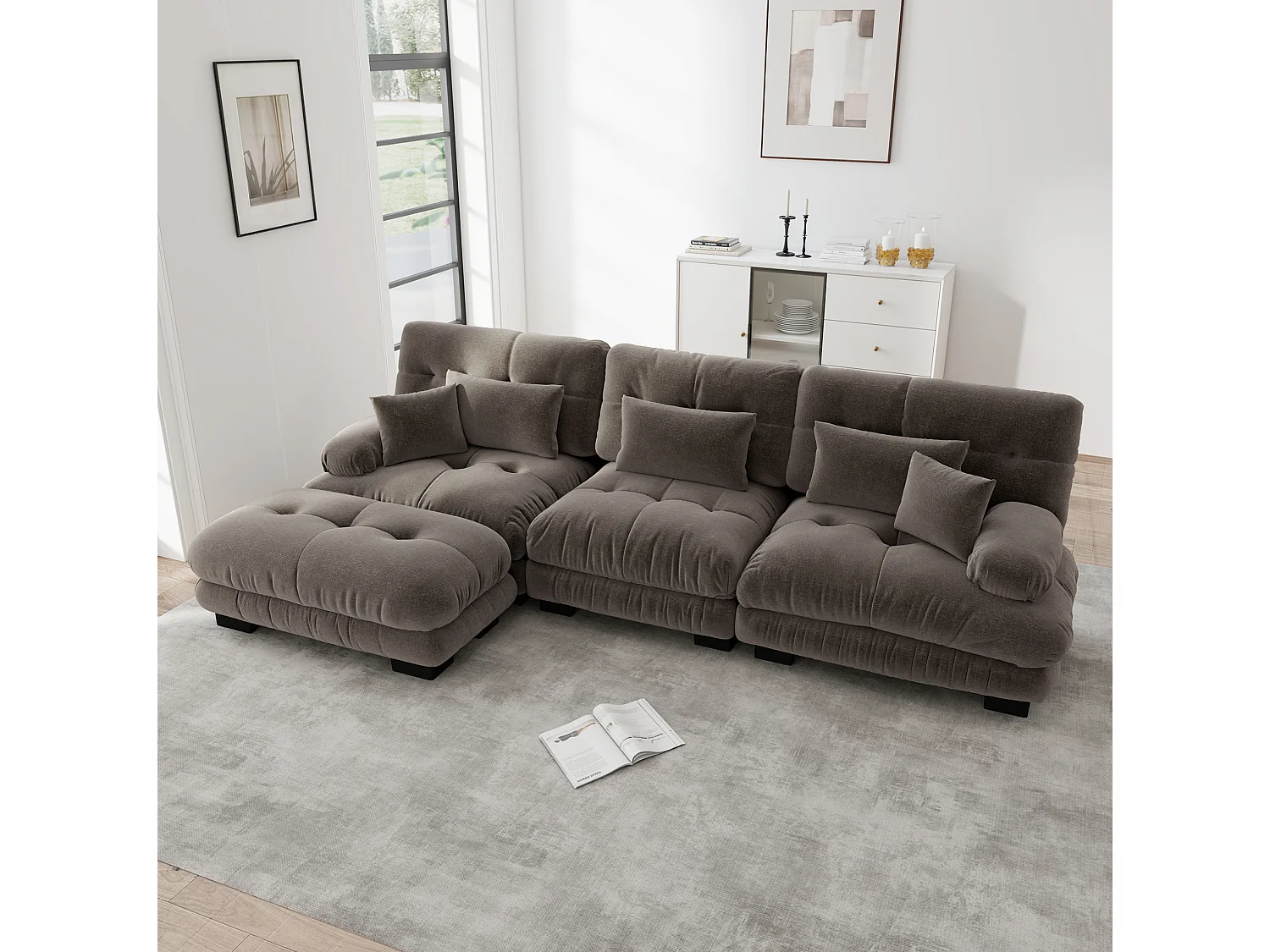 Canapé modulable 3 places 313 cm avec pouf - Tissu chenille marron