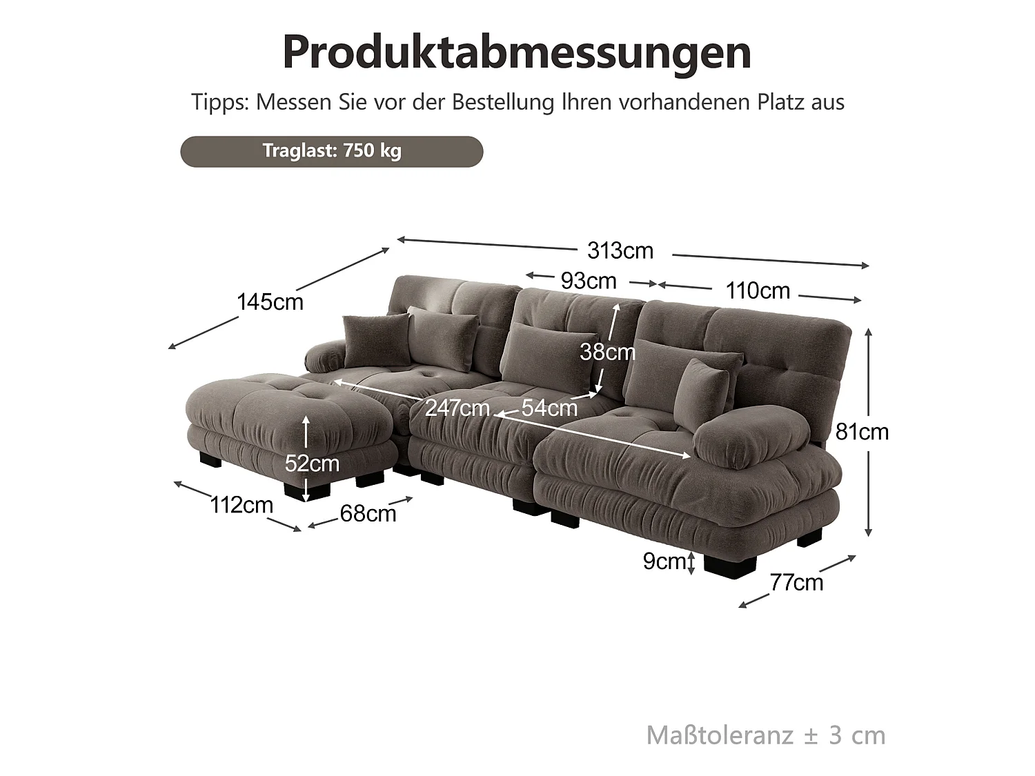 Canapé modulable 3 places 313 cm avec pouf - Tissu chenille marron