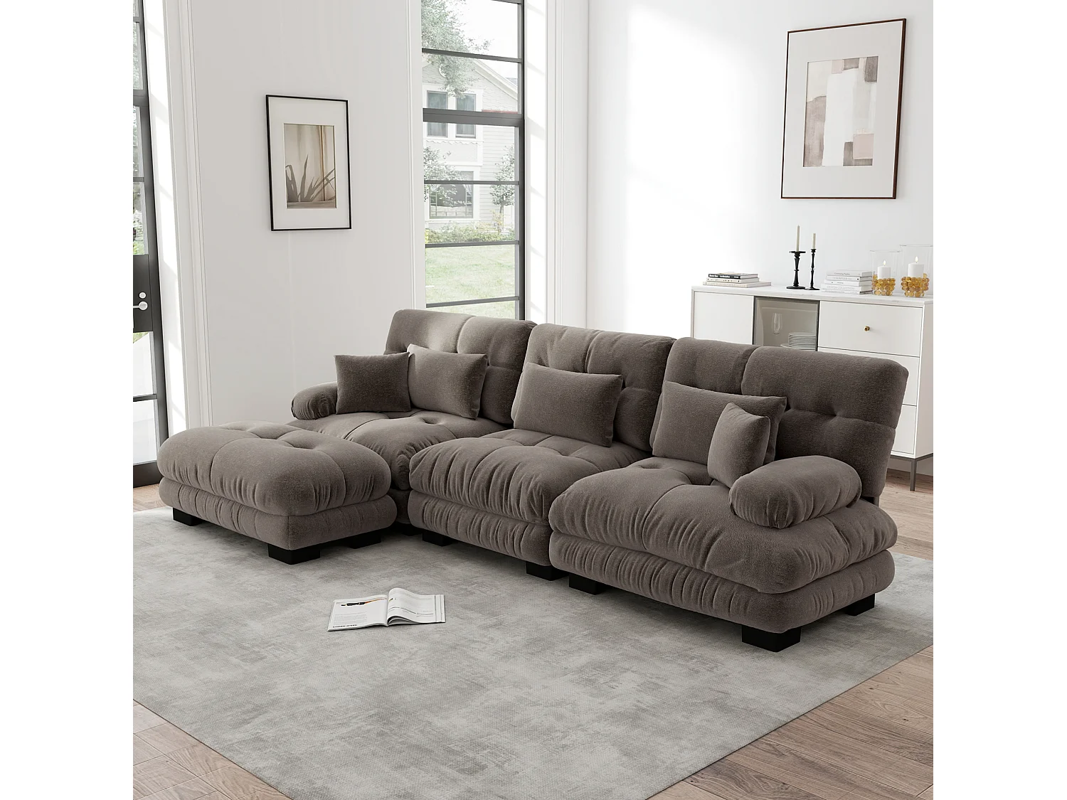 Canapé modulable 3 places 313 cm avec pouf - Tissu chenille marron