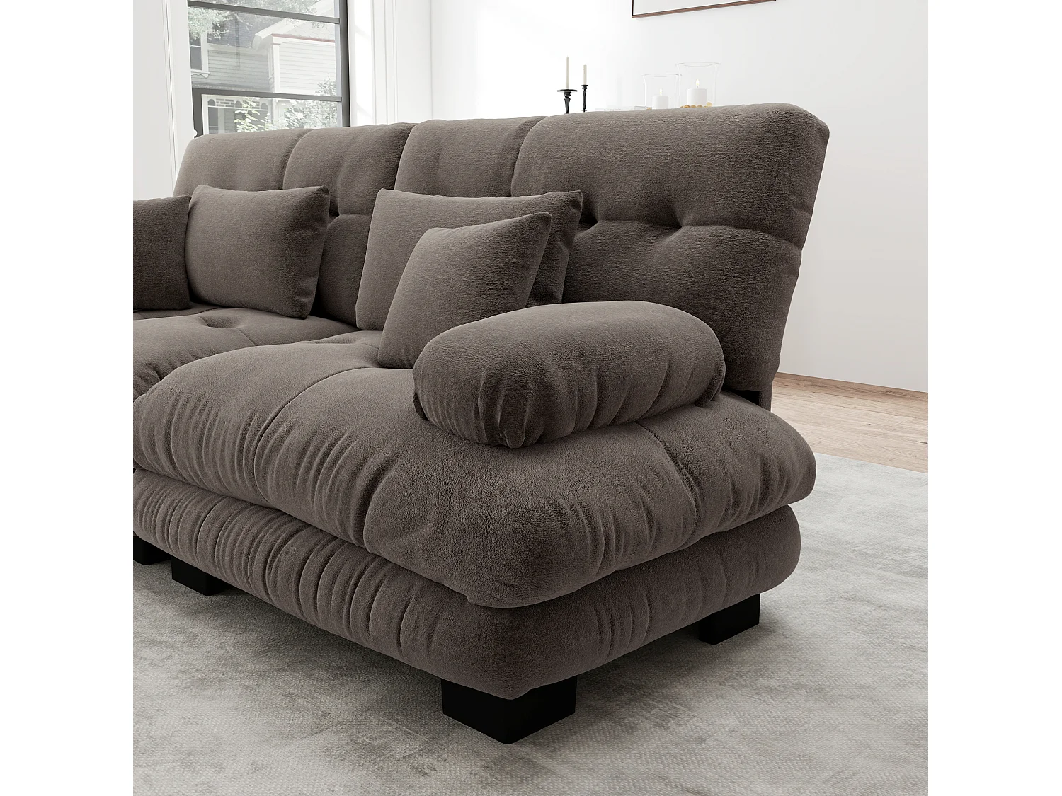 Canapé modulable 3 places 313 cm avec pouf - Tissu chenille marron