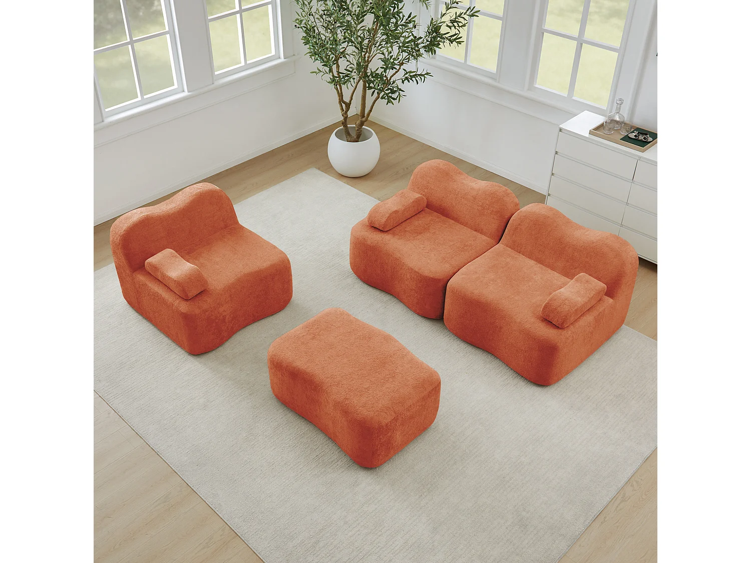 Sofá modular de 3 plazas de terciopelo con reposabrazos y otomana extraíbles - Naranja