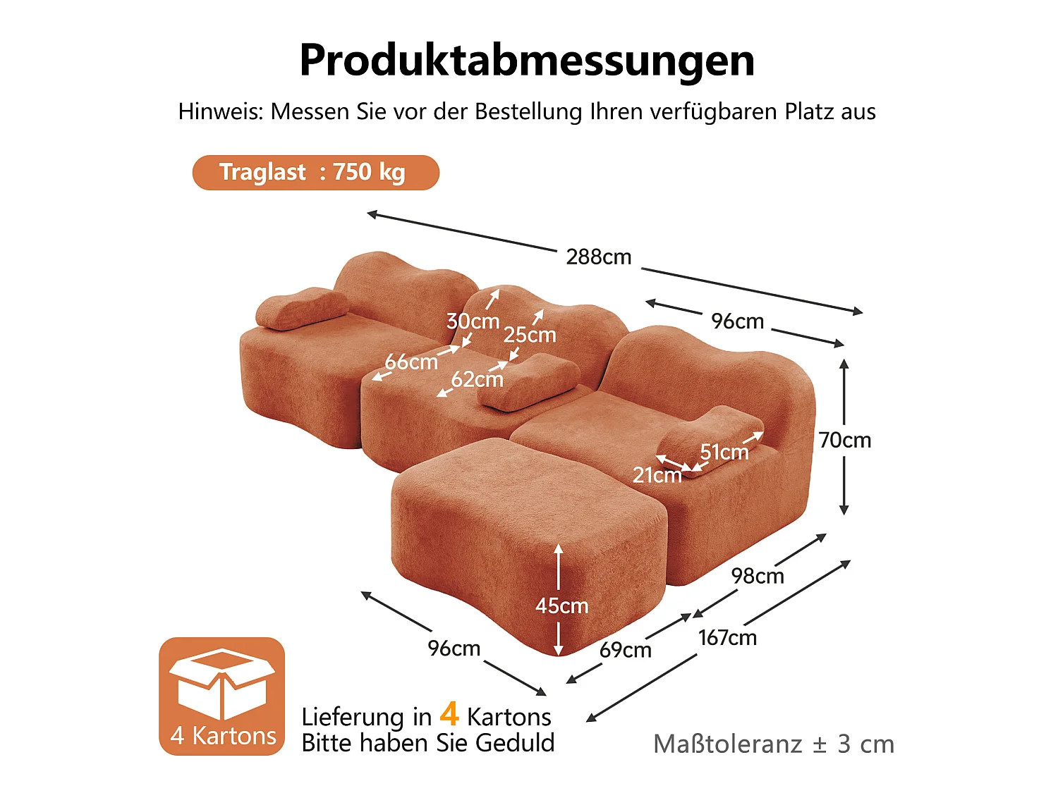 Sofá modular de 3 plazas de terciopelo con reposabrazos y otomana extraíbles - Naranja