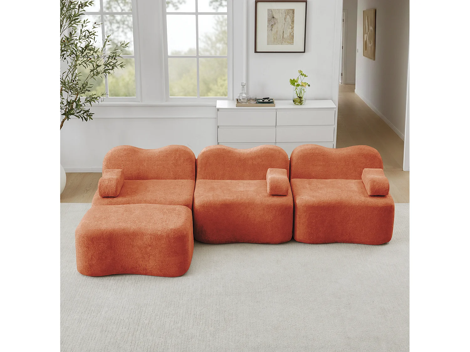 Sofá modular de 3 plazas de terciopelo con reposabrazos y otomana extraíbles - Naranja