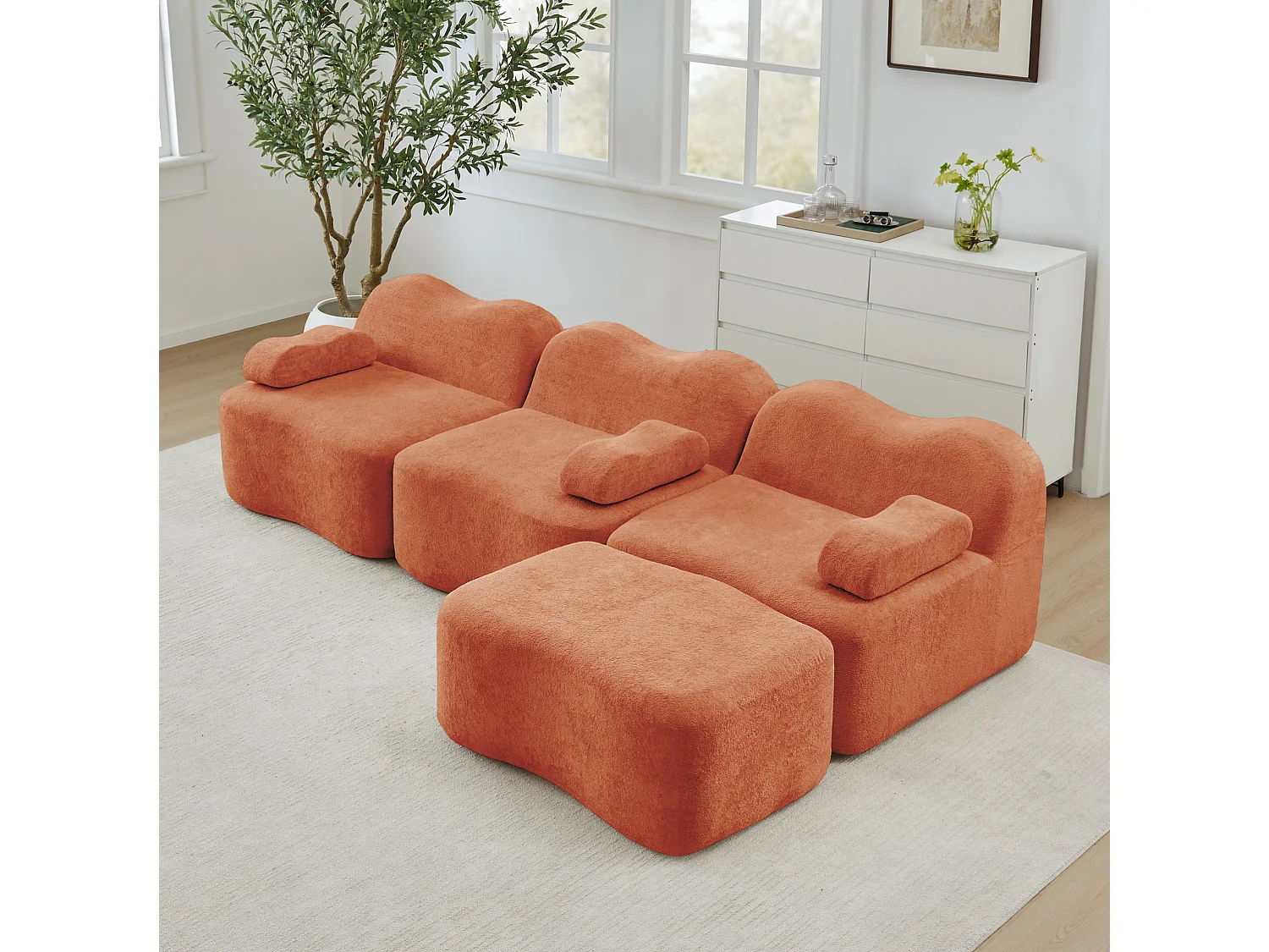 Sofá modular de 3 plazas de terciopelo con reposabrazos y otomana extraíbles - Naranja