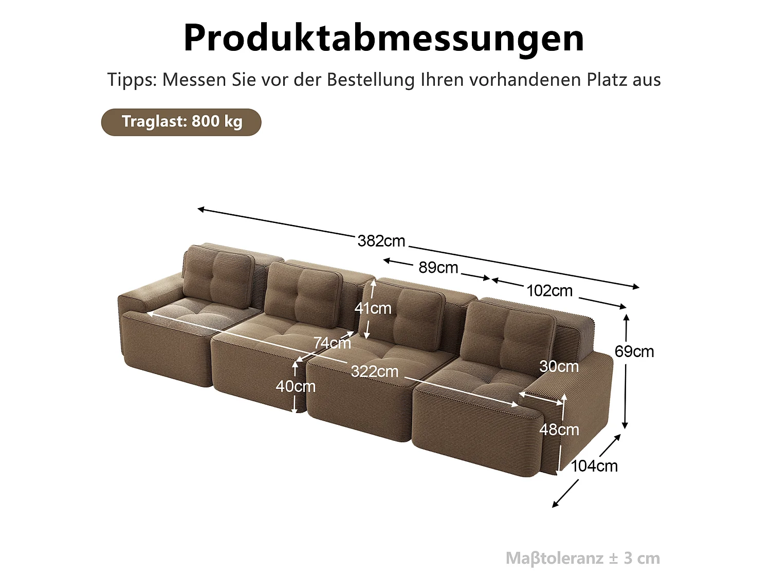 Canapé modulable 4 places 382 cm en velours côtelé - Marron - Sans montage