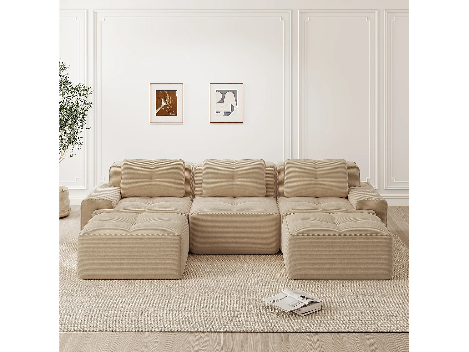 Canapé modulable en U 3 places avec 2 poufs et 3 coussins - Beige