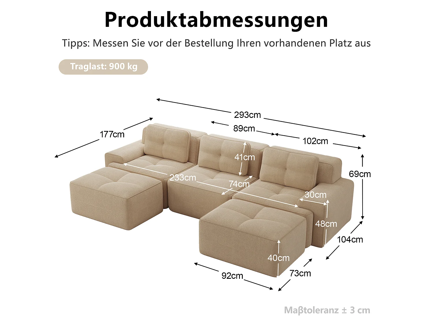 Canapé modulable en U 3 places avec 2 poufs et 3 coussins - Beige
