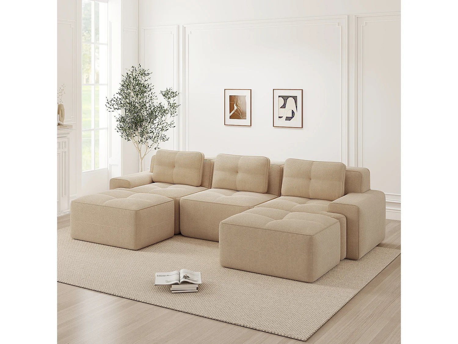 Canapé modulable en U 3 places avec 2 poufs et 3 coussins - Beige