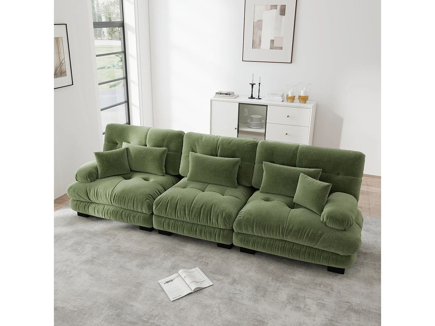 Canapé modulable 3 places en chenille avec assise profonde - Vert