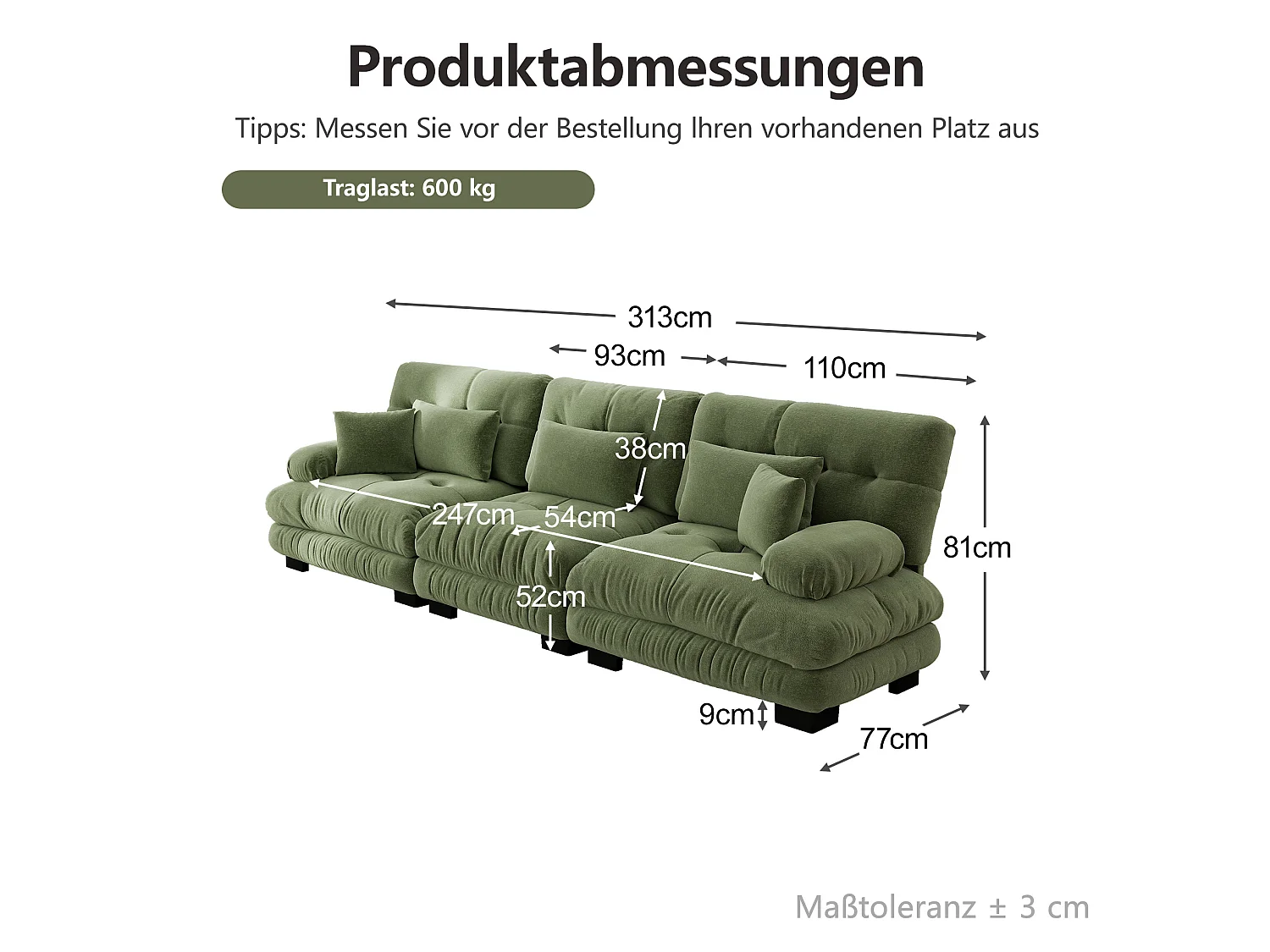 Canapé modulable 3 places en chenille avec assise profonde - Vert