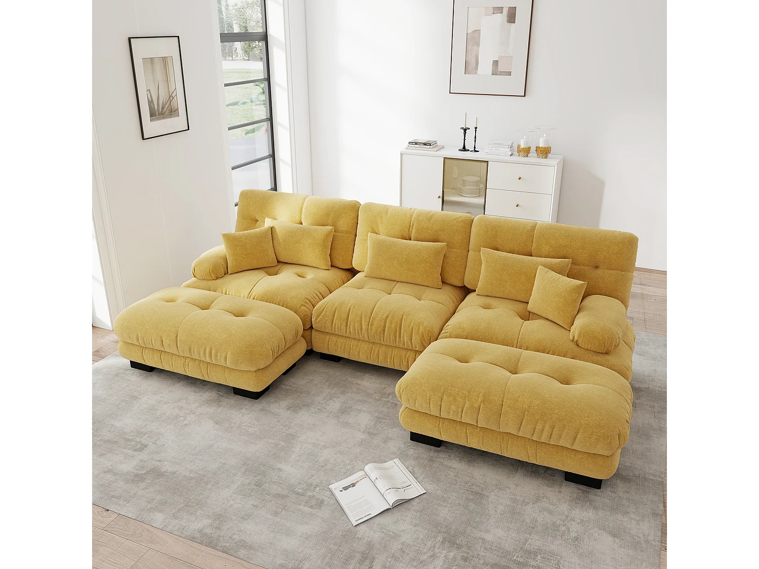 Canapé modulable 3 places 313 cm avec 2 poufs - Tissu chenille jaune