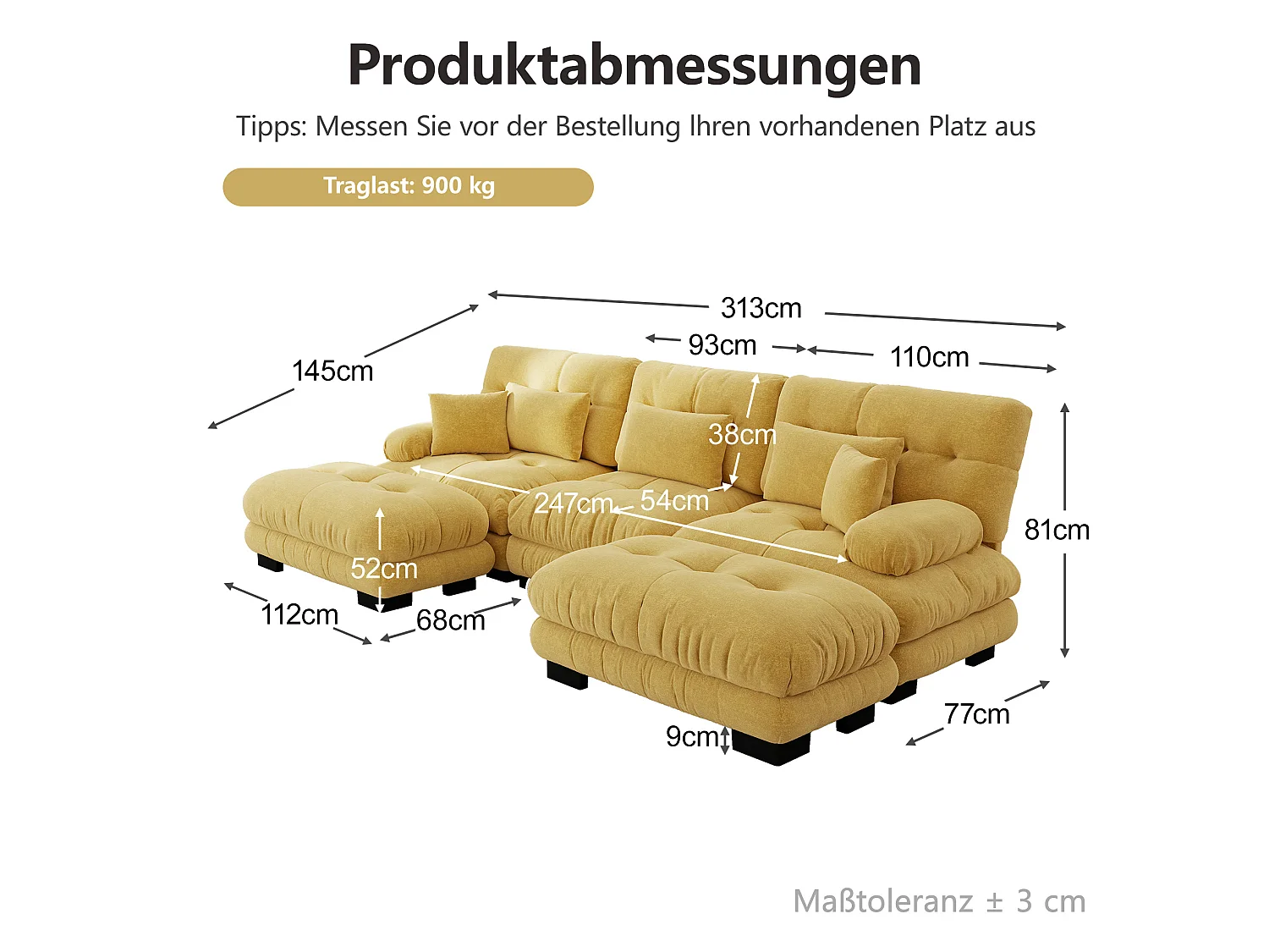 Canapé modulable 3 places 313 cm avec 2 poufs - Tissu chenille jaune
