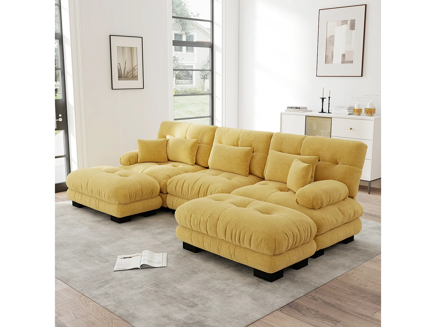 Canapé modulable 3 places 313 cm avec 2 poufs - Tissu chenille jaune