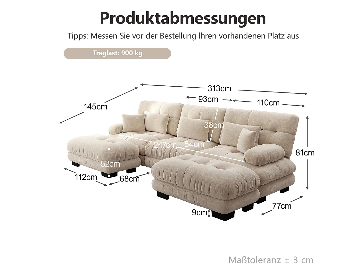 Canapé modulable 3 places 313 cm avec 2 poufs - Tissu chenille marron clair