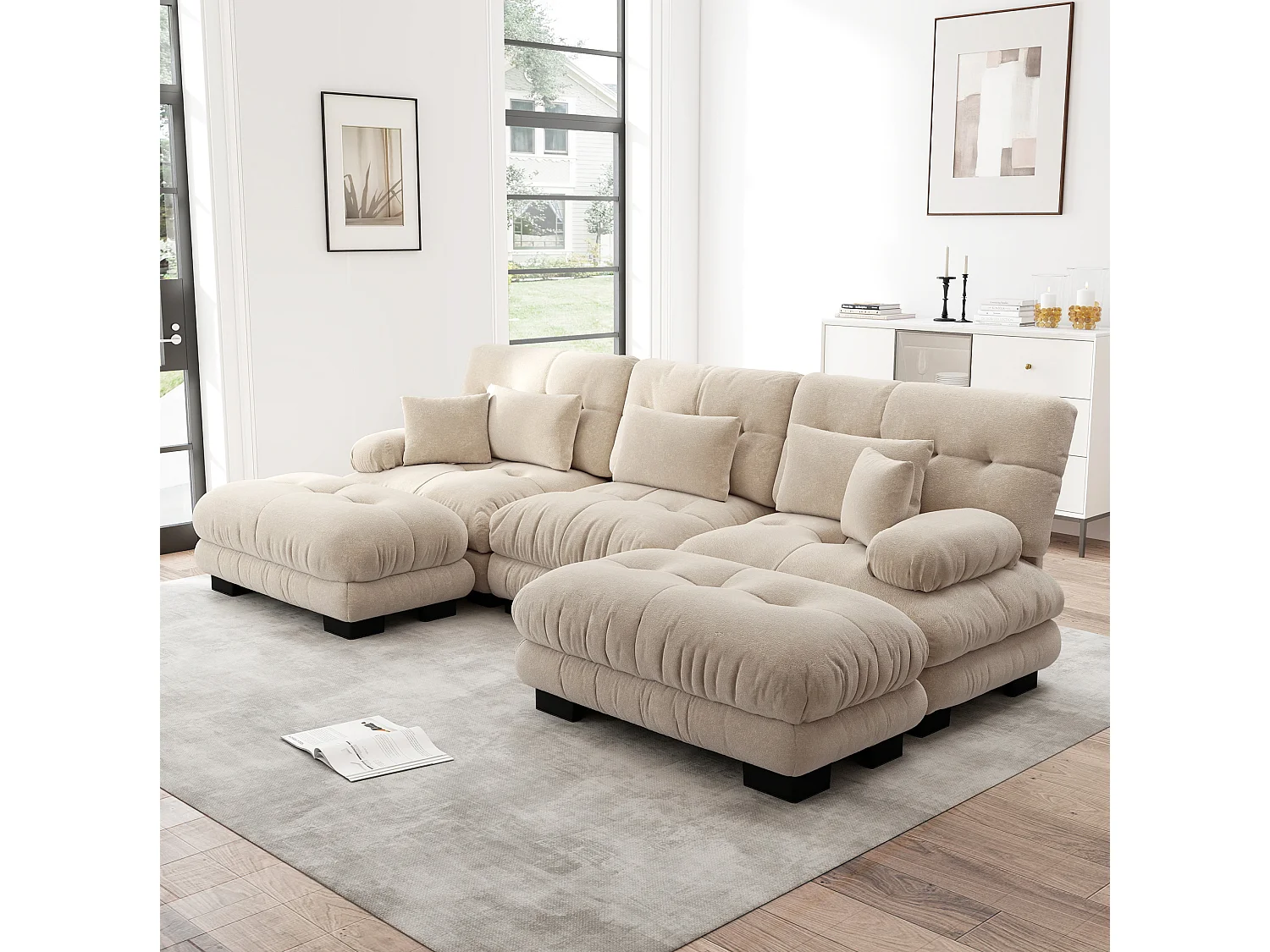 Canapé modulable 3 places 313 cm avec 2 poufs - Tissu chenille marron clair