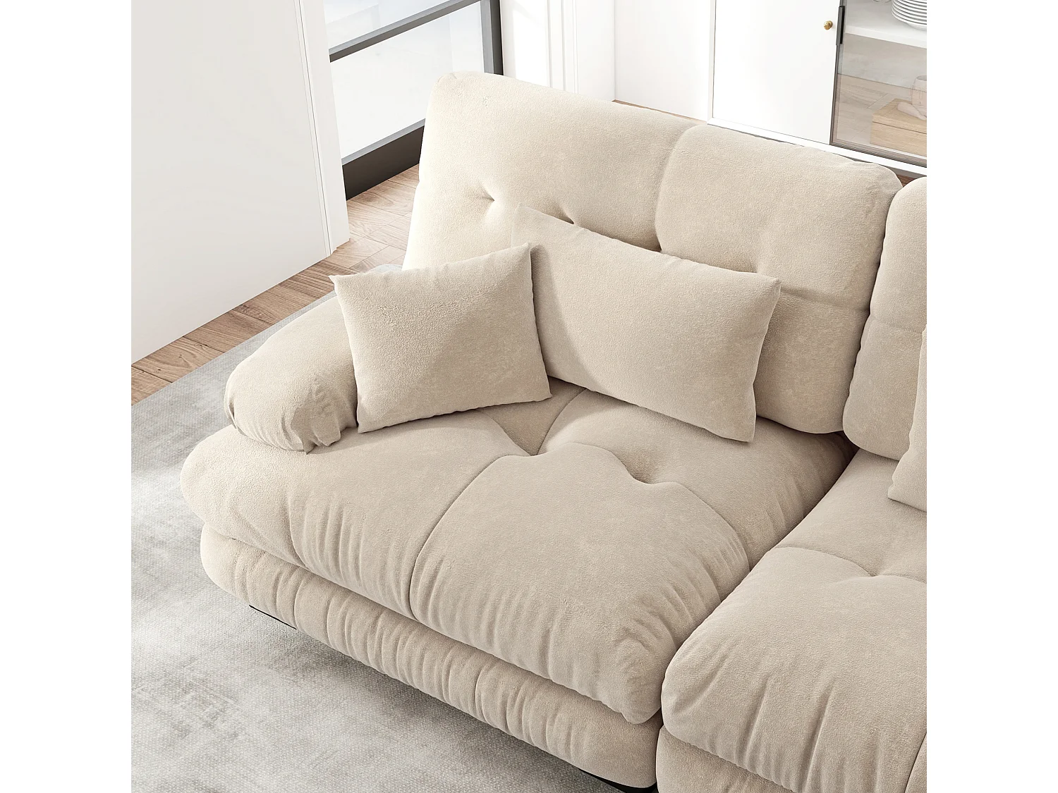 Canapé modulable 3 places 313 cm avec 2 poufs - Tissu chenille marron clair