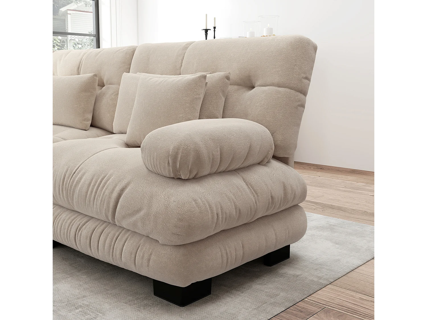 Canapé modulable 3 places 313 cm avec 2 poufs - Tissu chenille marron clair