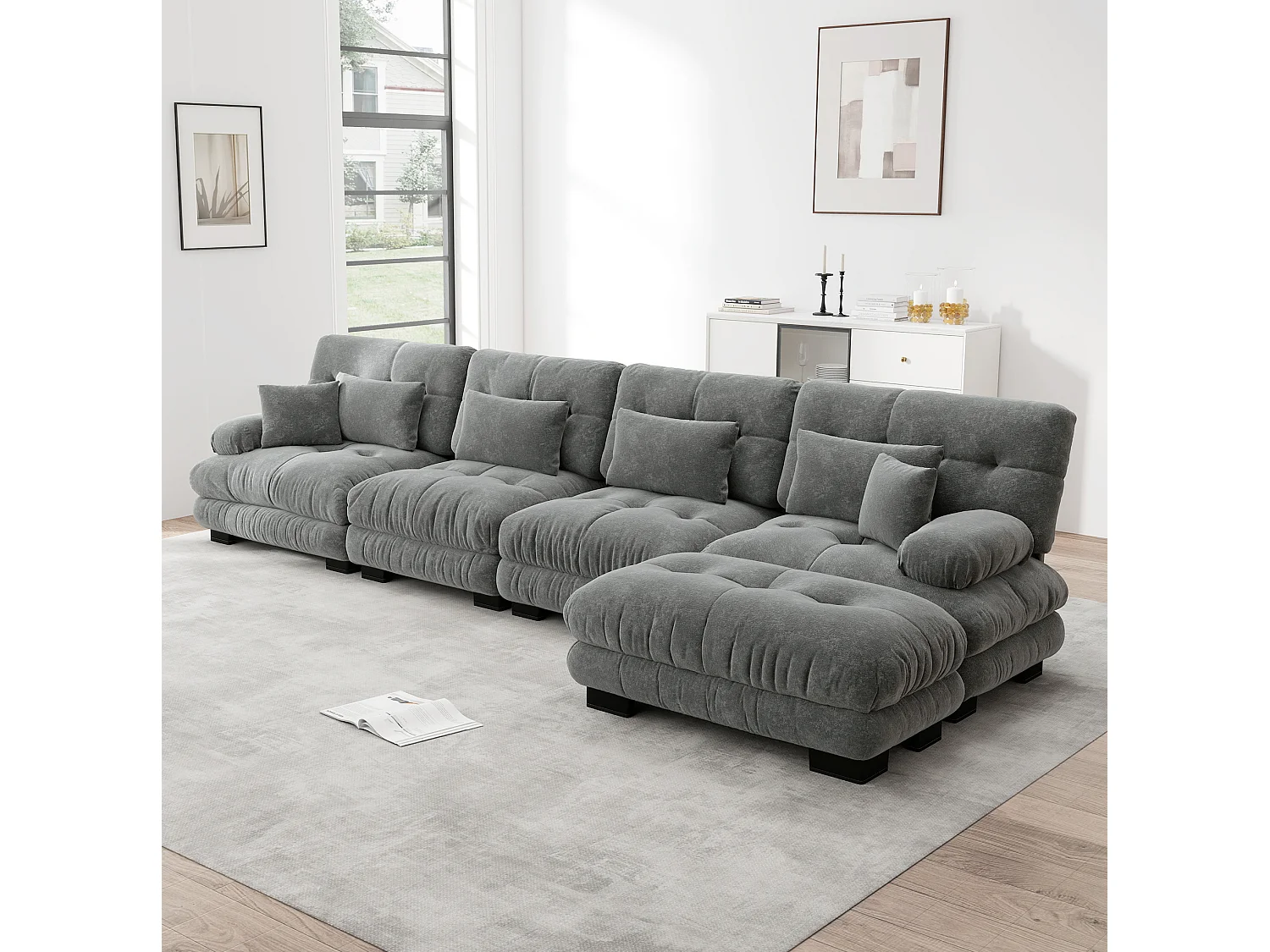 Divano componibile a 4 posti, 406 cm, in ciniglia con pouf - Grigio