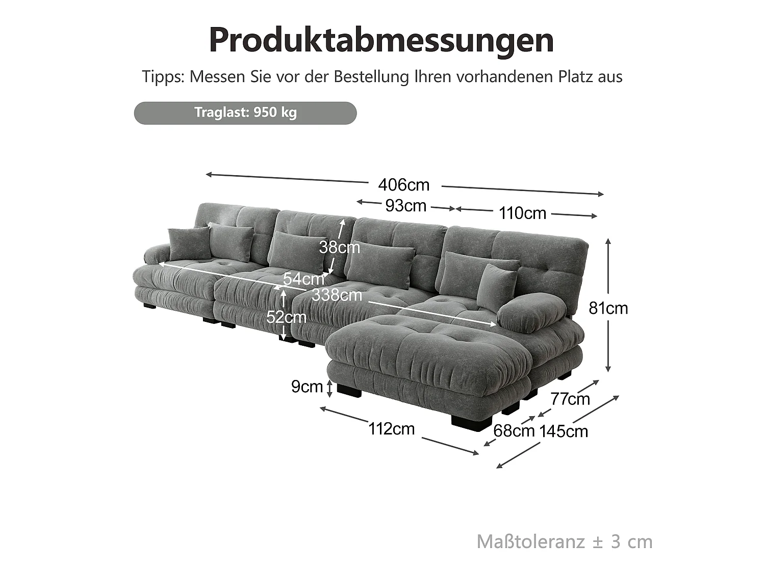 Divano componibile a 4 posti, 406 cm, in ciniglia con pouf - Grigio