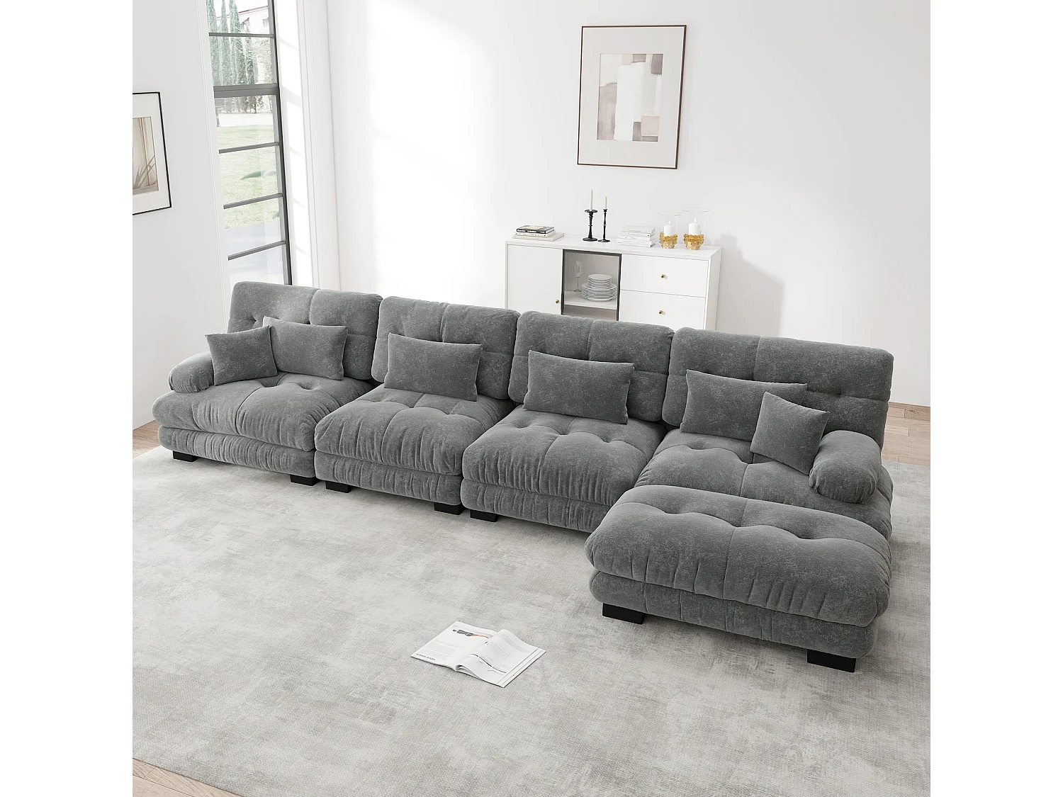 Divano componibile a 4 posti, 406 cm, in ciniglia con pouf - Grigio