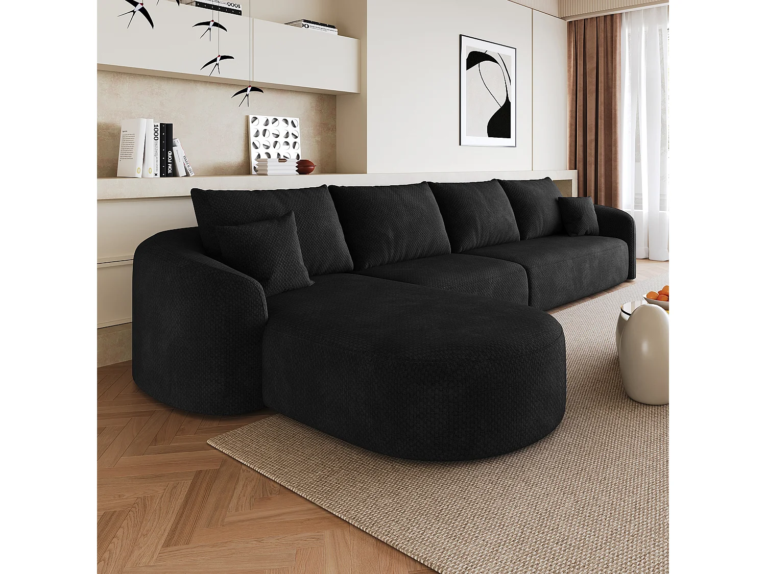 Divano angolare modulare a 4 posti, 336 cm, in ciniglia - Nero