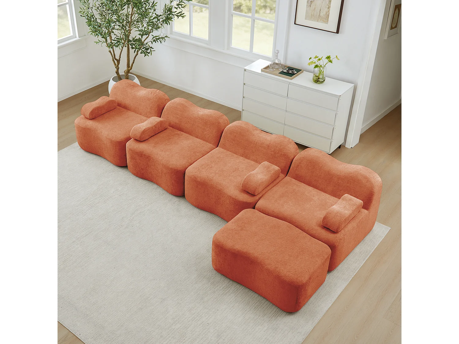 Sofá modular de 4 plazas, 384 cm, en terciopelo con otomana - Naranja
