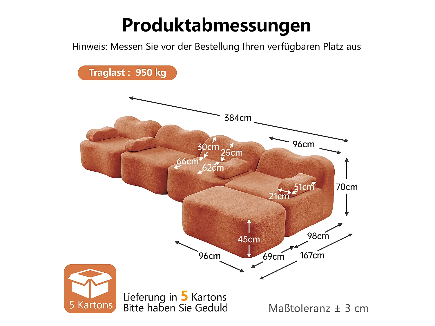 Sofá modular de 4 plazas, 384 cm, en terciopelo con otomana - Naranja