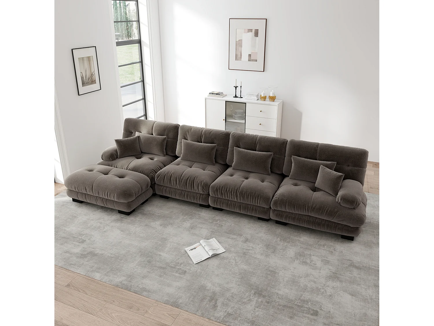 Sofá modular de 4 plazas, 406 cm, de chenilla con otomana - Marrón