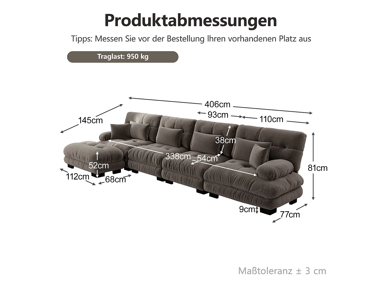 Sofá modular de 4 plazas, 406 cm, de chenilla con otomana - Marrón