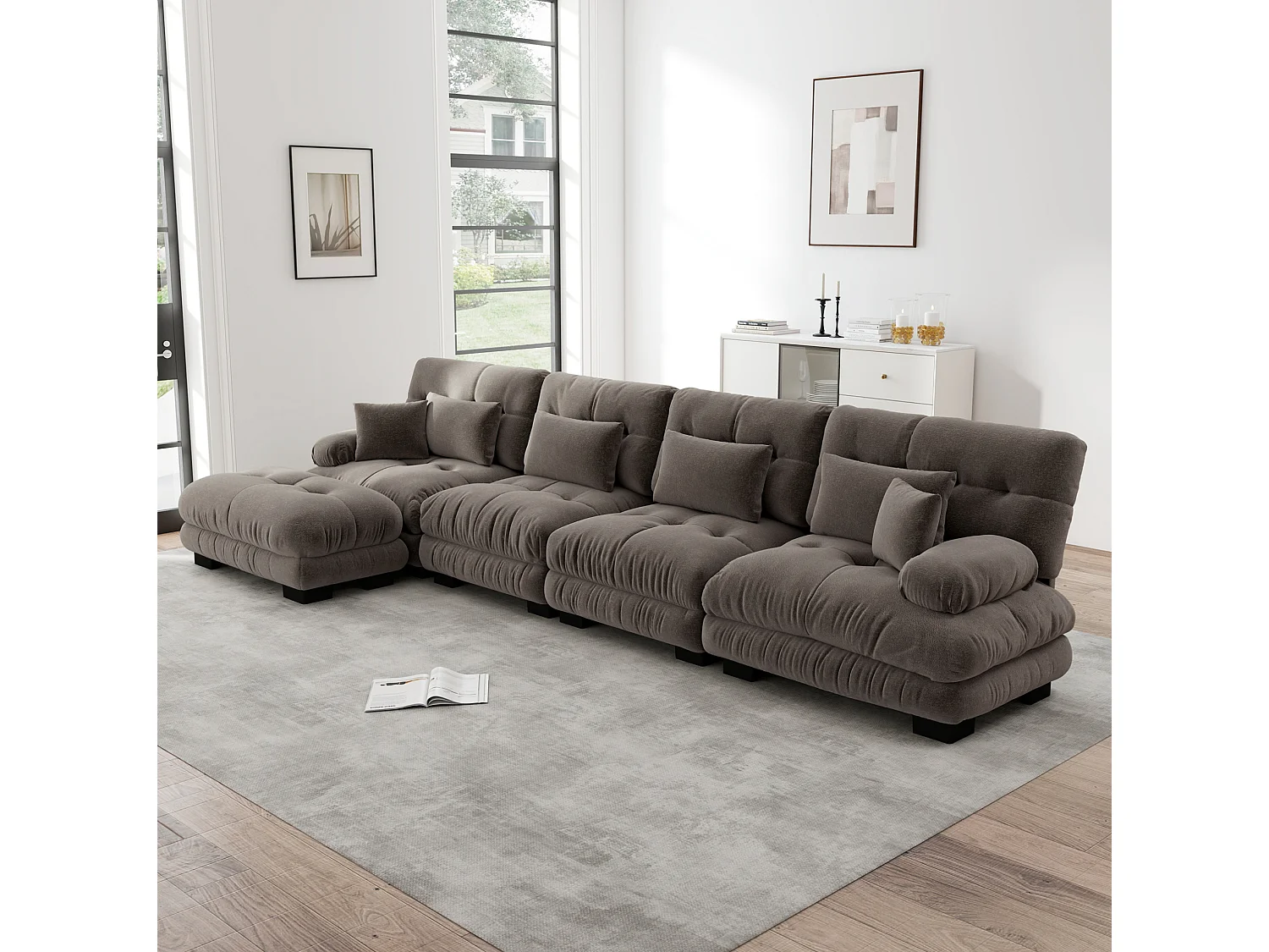 Sofá modular de 4 plazas, 406 cm, de chenilla con otomana - Marrón
