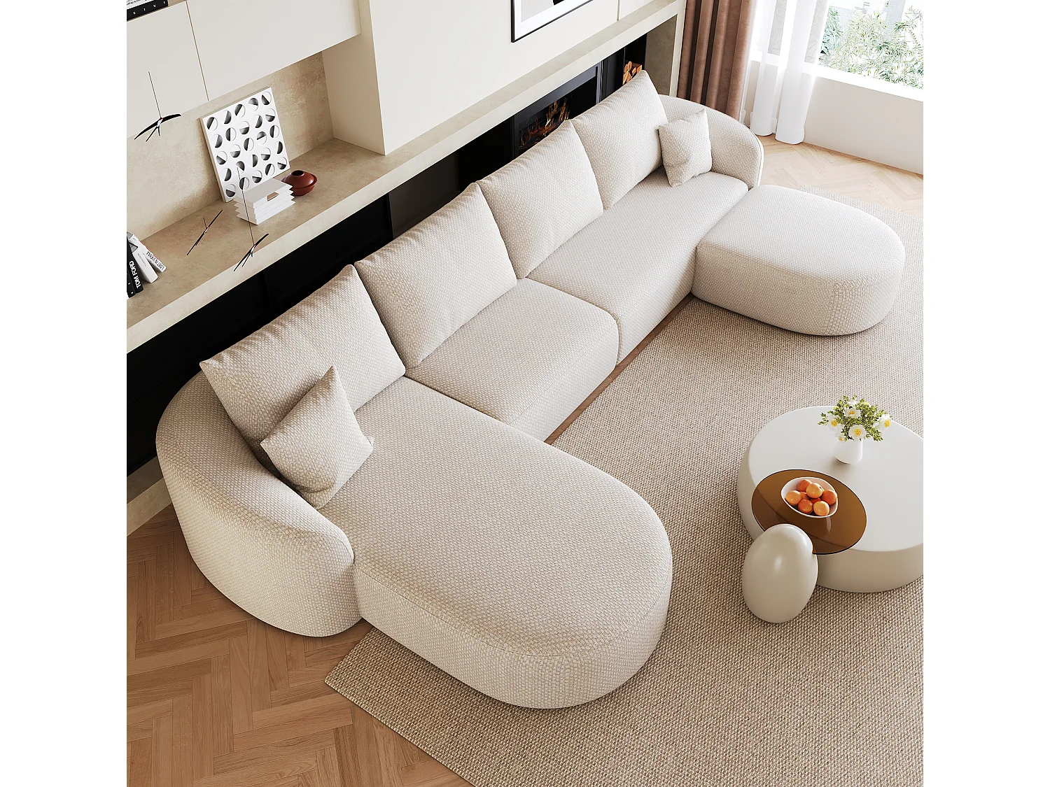Canapé d'angle modulable 4 places 336 cm avec pouf - Tissu chenille blanc