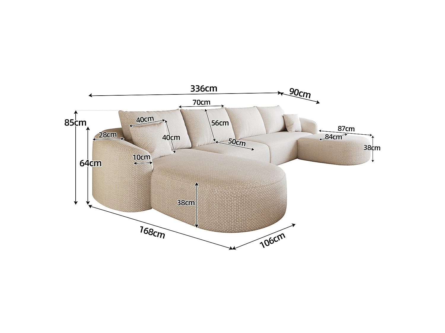 Canapé d'angle modulable 4 places 336 cm avec pouf - Tissu chenille blanc