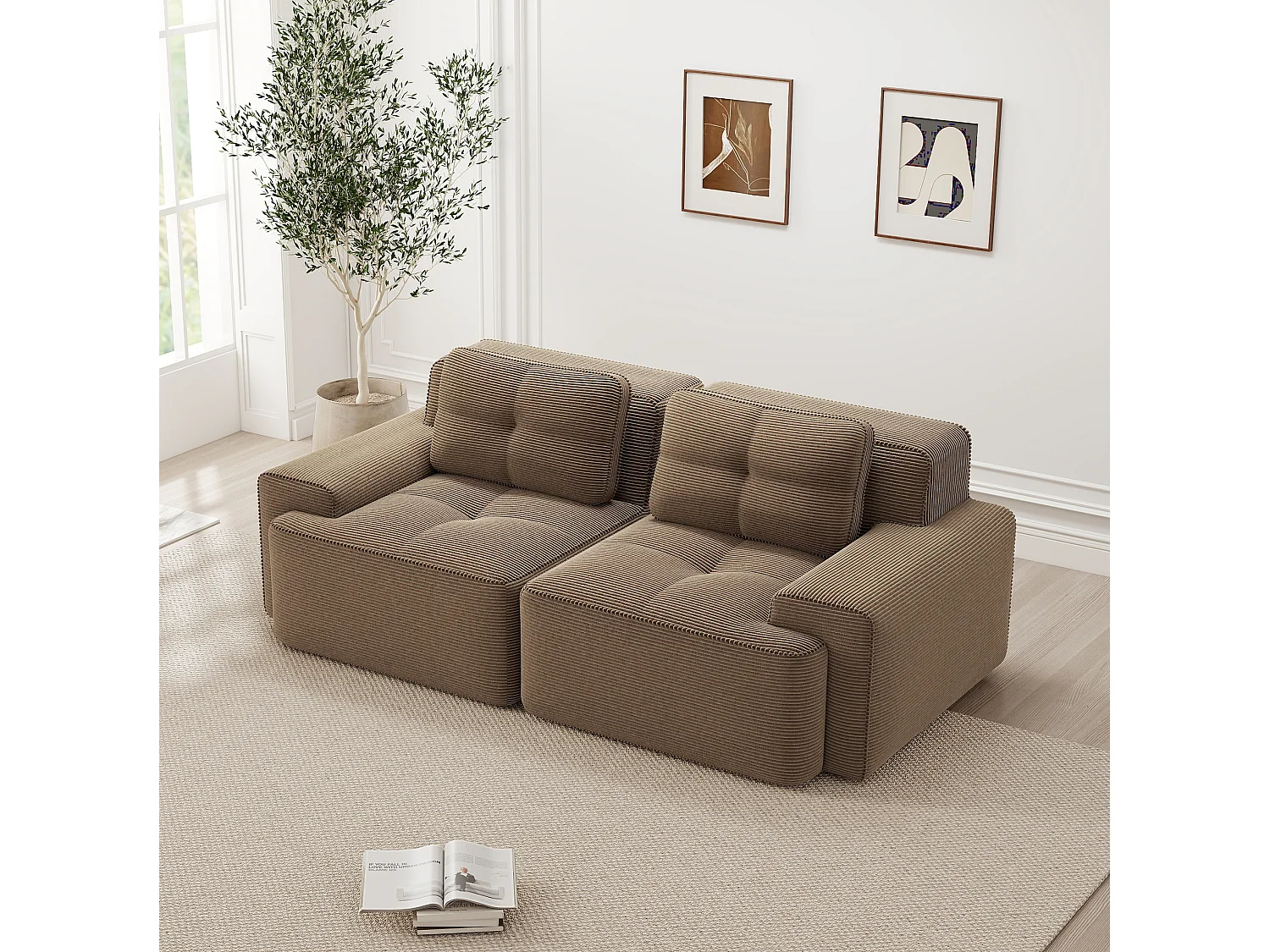 Canapé modulable 2 places en velours côtelé à assise profonde - Marron