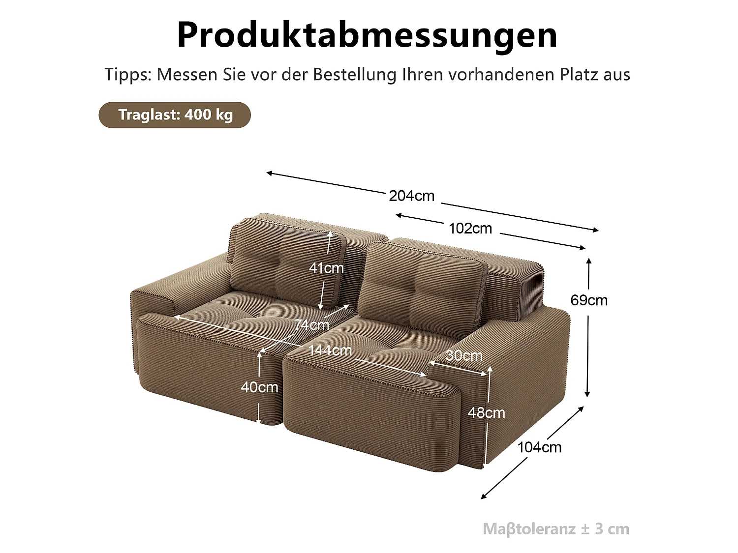 Canapé modulable 2 places en velours côtelé à assise profonde - Marron