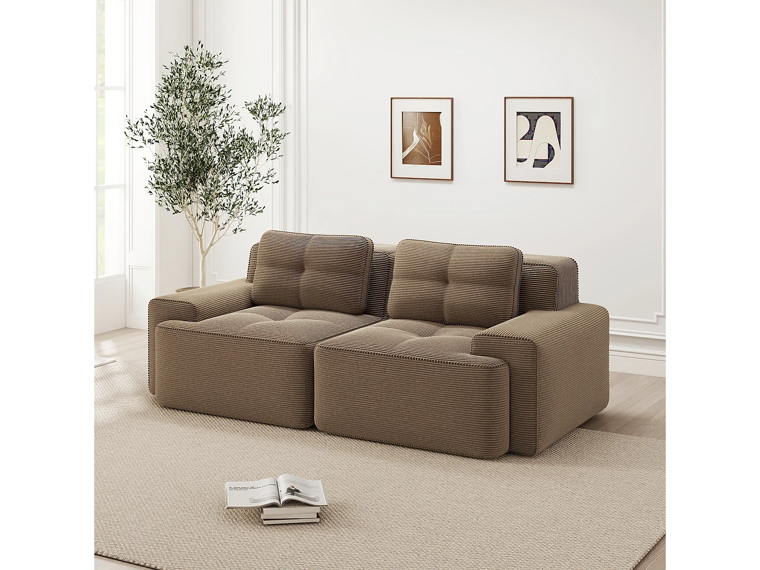 Canapé modulable 2 places en velours côtelé à assise profonde - Marron