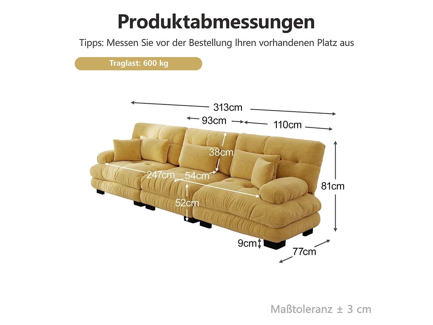 Canapé modulable 3 places en chenille avec assise profonde - Jaune