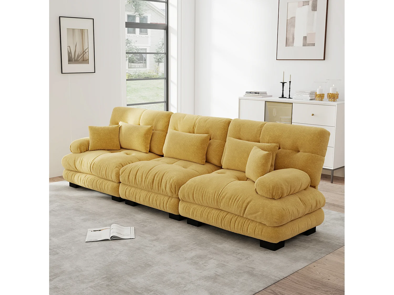 Canapé modulable 3 places en chenille avec assise profonde - Jaune